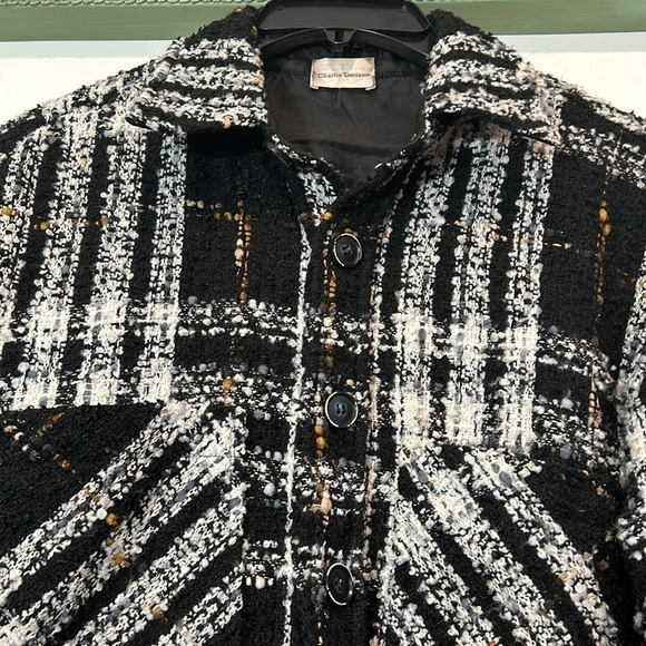 Charlie Luciano Tweed Patchwork denim Shirt shacket Black oversized medium top - Picture 7 of 9